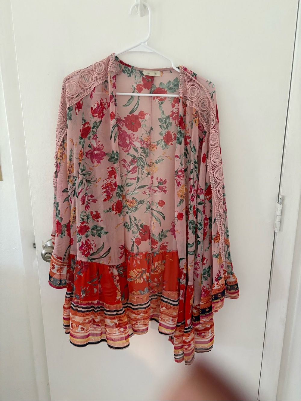 loralette Pink Floral Open-Front Tunic with Crochet Shoulder Detail